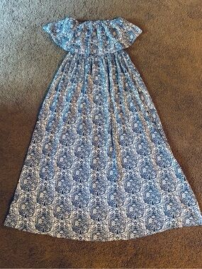 Blue Printed Off-Shoulder Maxi Dress